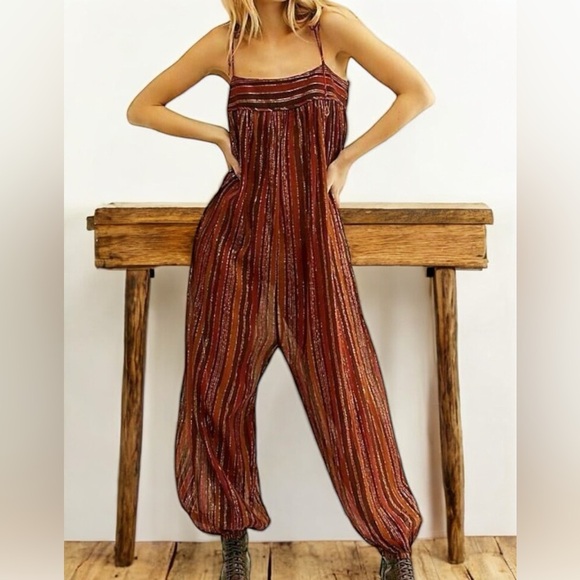 Free People Harem Lurex Sheer Jumpsuit Copper Rust Brown Metallic Sz XS - Picture 1 of 8